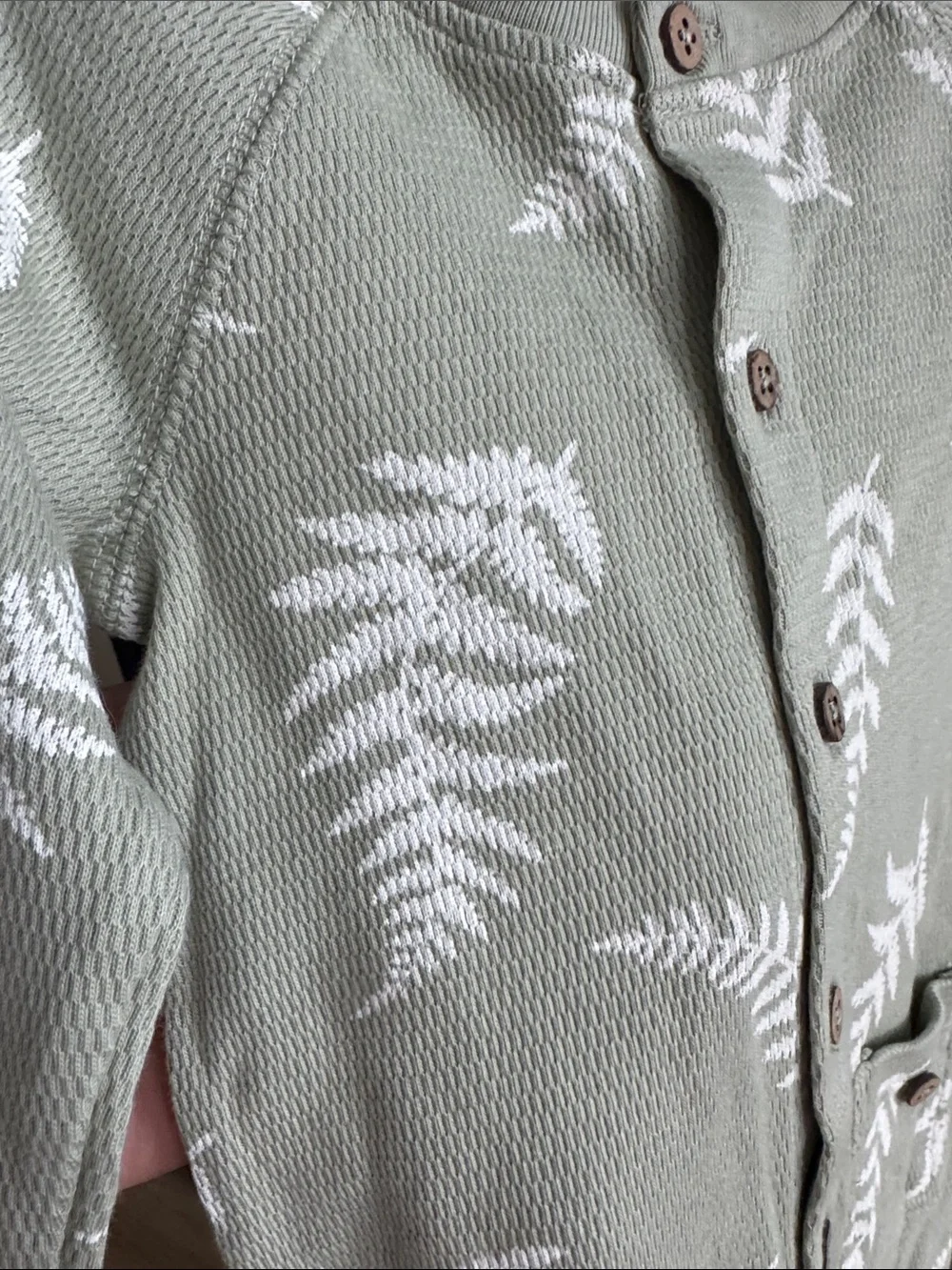 Button-Front Sage Green Fern Print Footed One-Piece